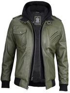 Men's Military Green Leather Jacket with Removable Hood