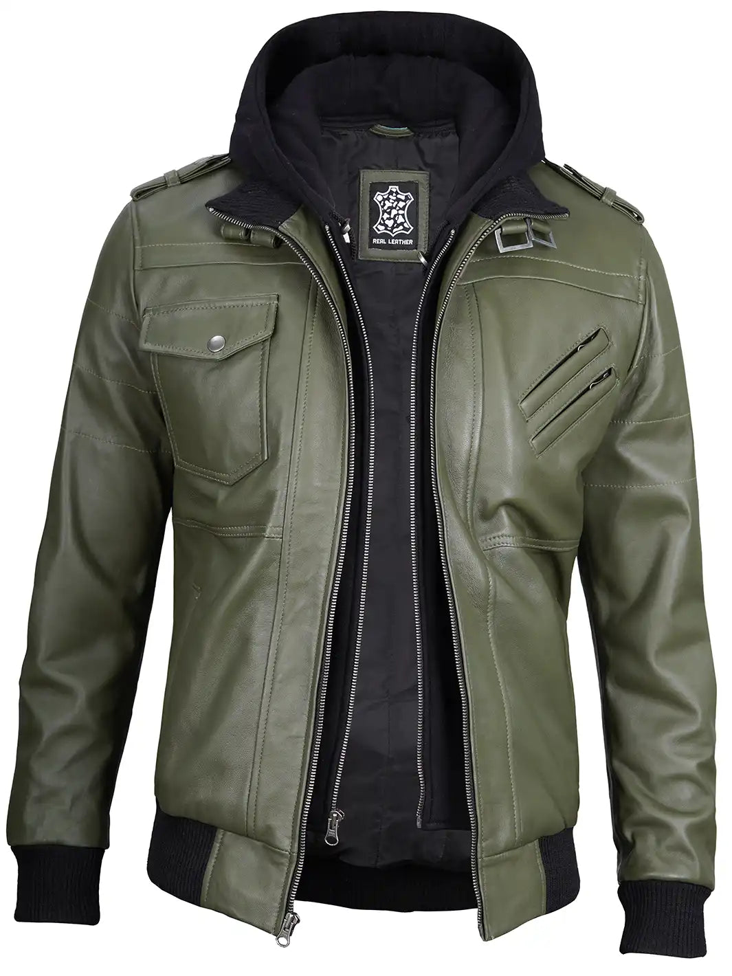 Men's Military Green Leather Jacket with Removable Hood