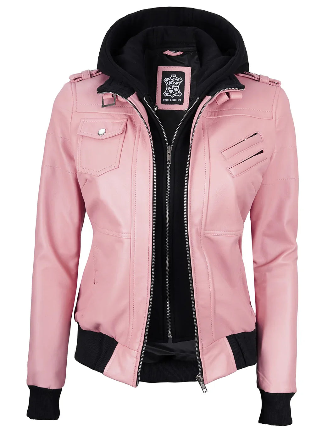 Women's Pink Leather Jacket with Removable Hood