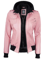 Women's Pink Leather Jacket with Removable Hood