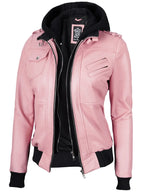 Women's Pink Leather Jacket with Removable Hood