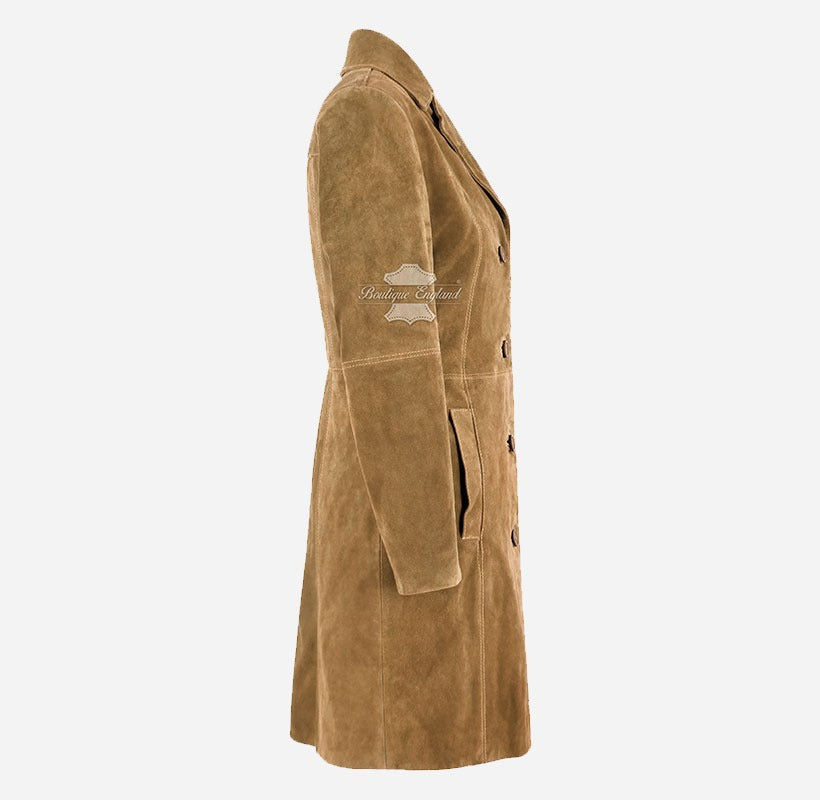 ELEGANT Women's Classic Suede Trench Coat Knee Length Coat