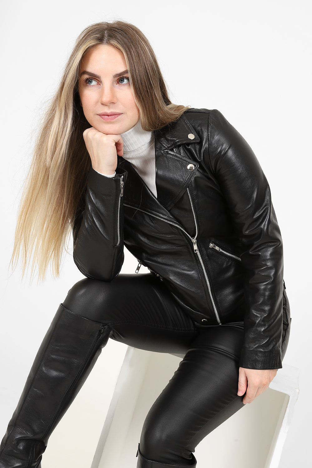CELIA Women's Genuine Nappa Leather Biker Jacket - Black