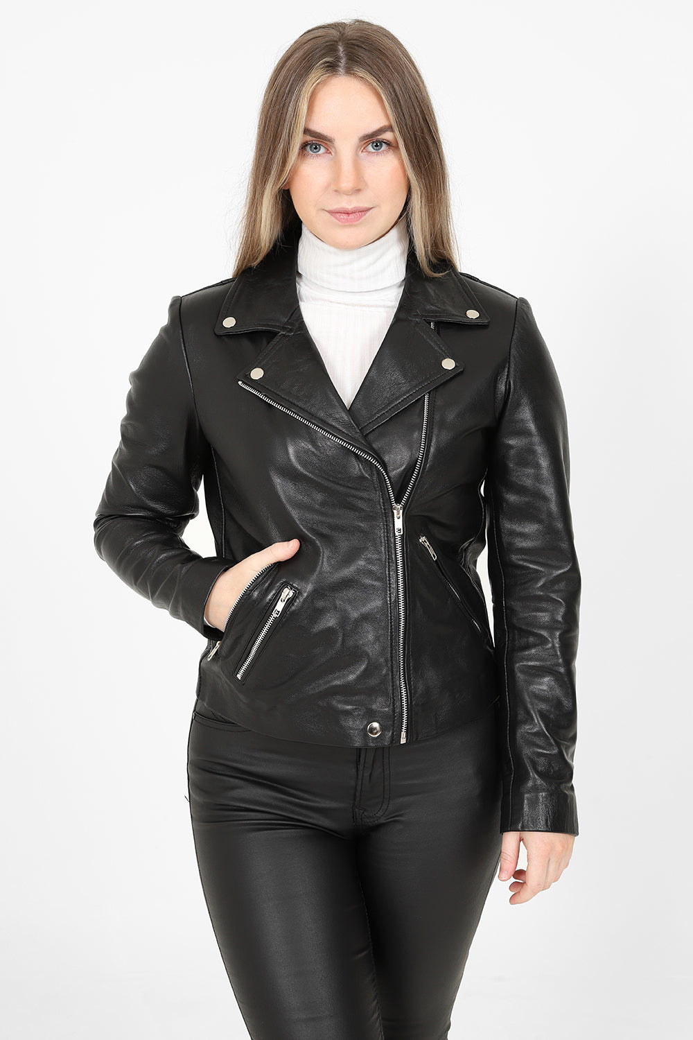 CELIA Women's Genuine Nappa Leather Biker Jacket - Black