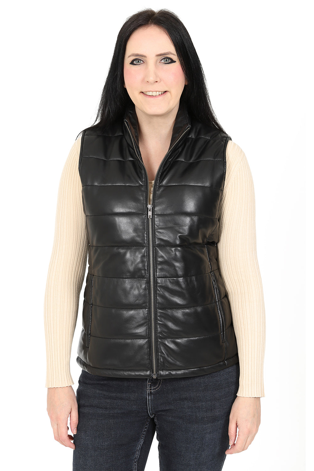 Women's Quilted Nappa Leather Gilet Black - SAMANTHA