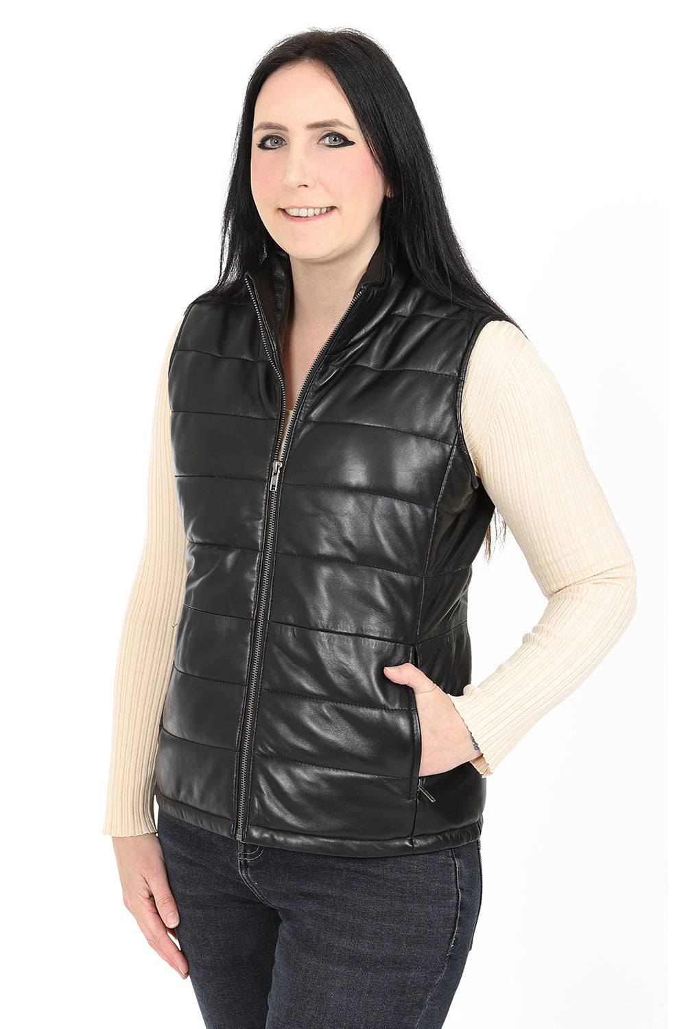 Women's Quilted Nappa Leather Gilet Black - SAMANTHA