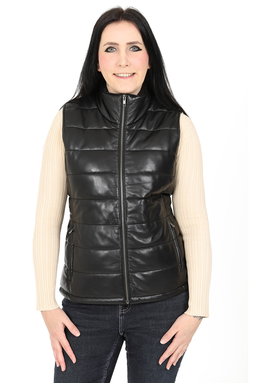 Women's Quilted Nappa Leather Gilet Black - SAMANTHA