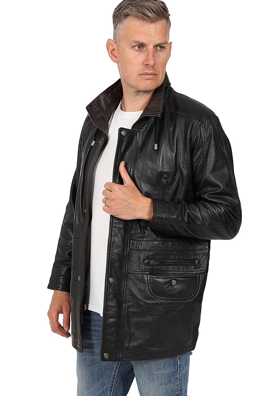 Men's Classic Black Nappa Leather Car Coat 3/4 Length - JERRY
