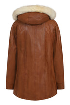 Women's Quality Tan Leather Hip Length Coat with Fur Trimmed Detachable Hood - 'CARLA'