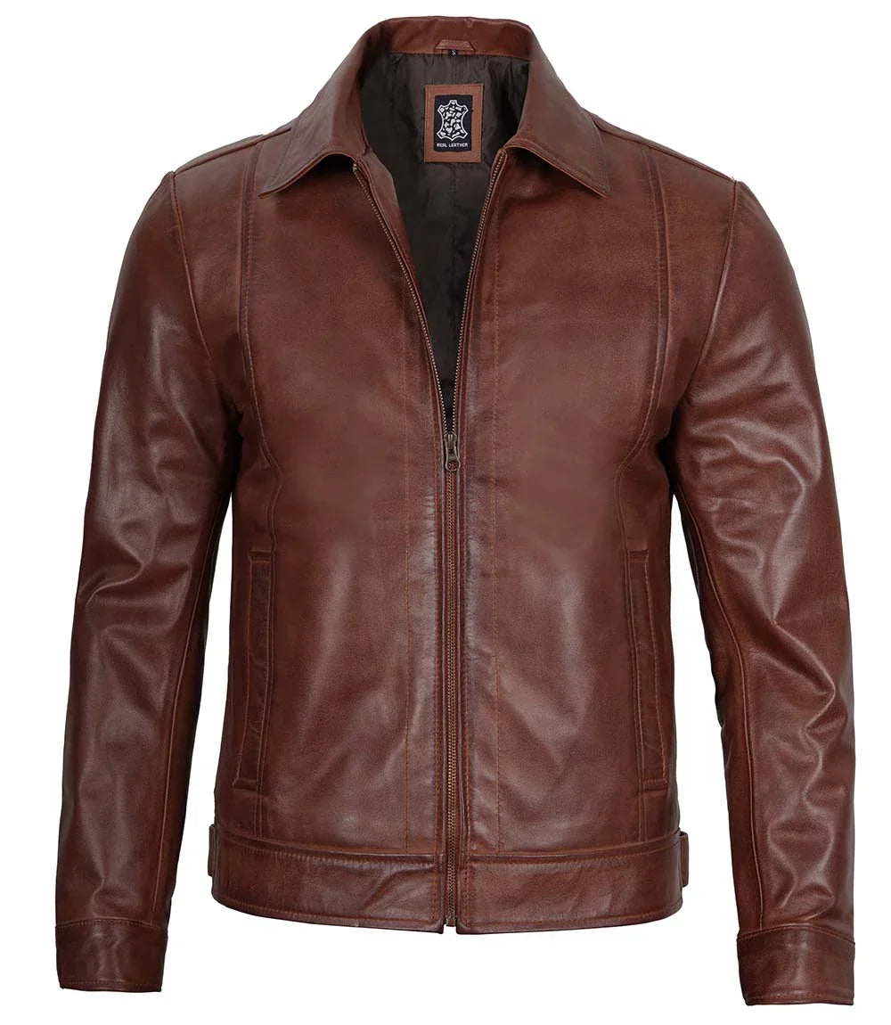 Tall Men Harrington Brown Real Leather Jacket