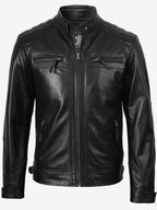 Johnson Mens Black Quilted Biker Style Real Leather Jacket