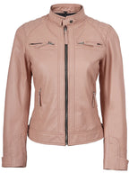 Johnson Women Pink Quilted Cafe Racer Leather Jacket