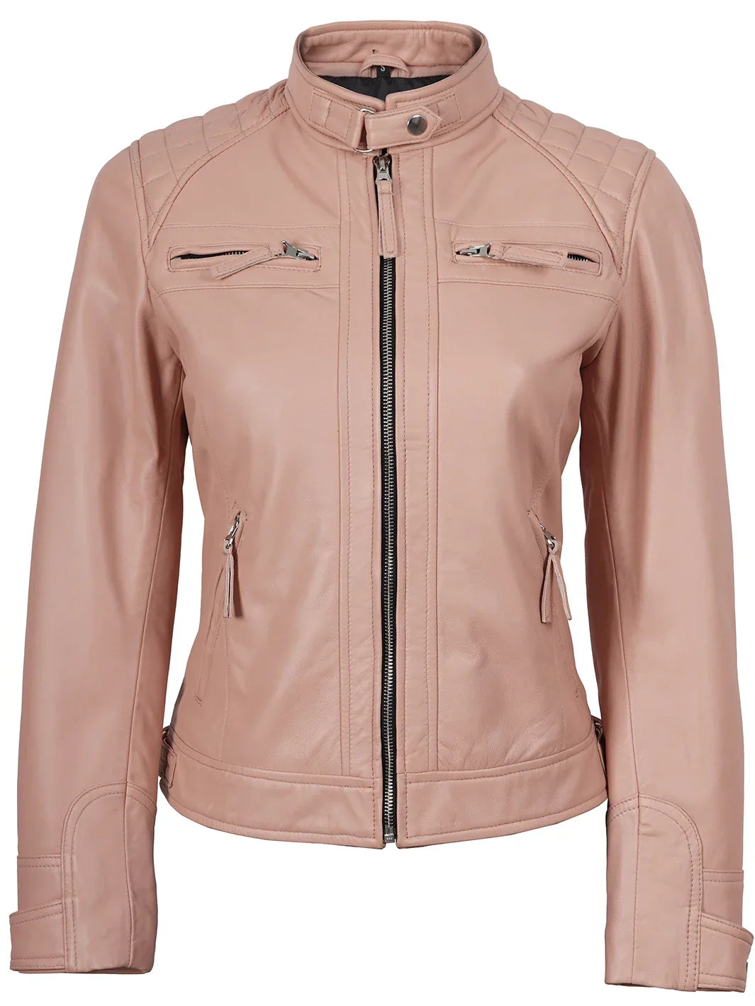 Johnson Women Pink Quilted Cafe Racer Leather Jacket