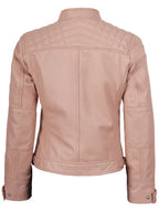 Johnson Women Pink Quilted Cafe Racer Leather Jacket