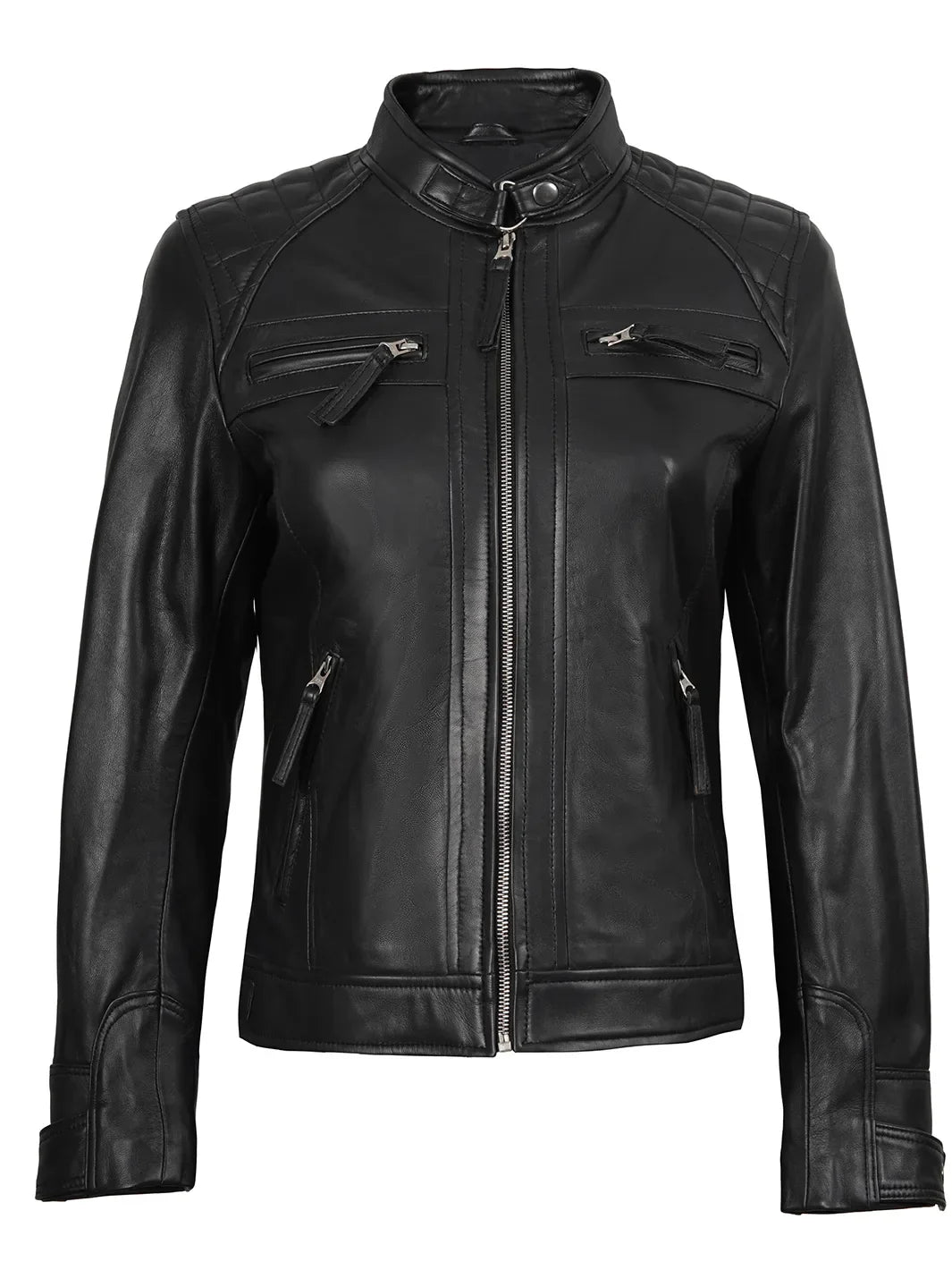 Johnson Women Black Quilted Biker Style Leather Jacket