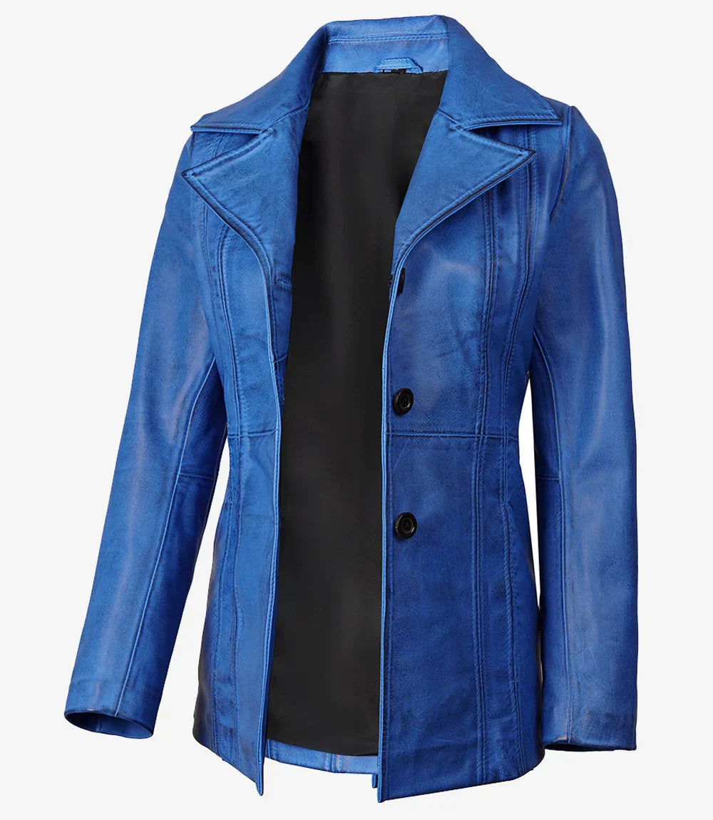 Katie Women's Leather Blue 3/4 Length Car Coat