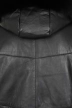 Womens Leather ¾ Length Coat with Fur Trimmed Hood - Elegance Meets Comfort - MARIA