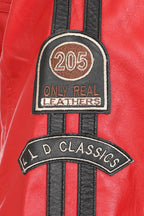 Women's Red Racing Style Leather Jacket with Black Stripes - FRANCIS