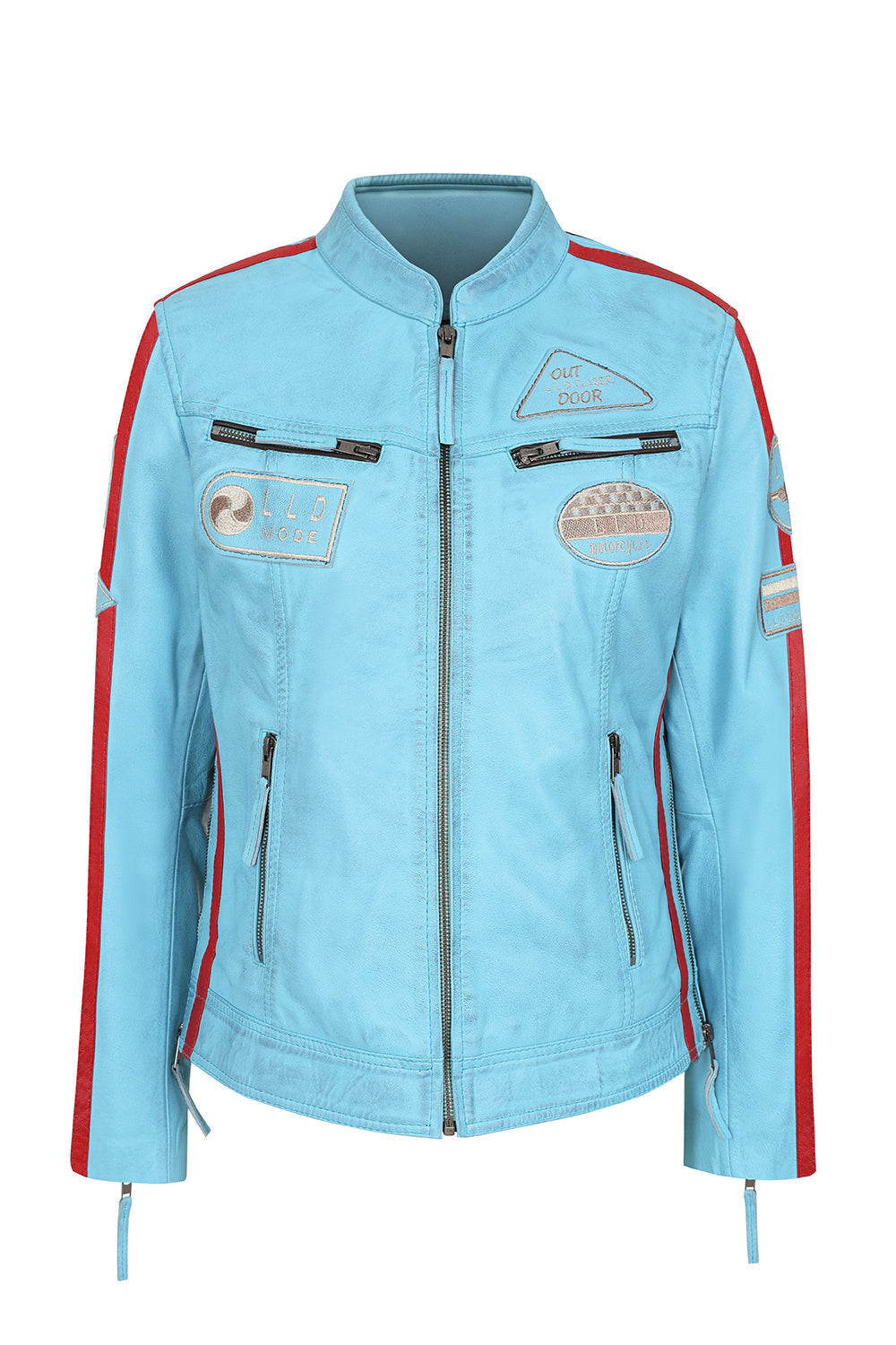 Women's Aqua Blue Leather Racing Jacket Red Stripes - FRANCIS