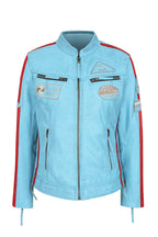 Women's Aqua Blue Leather Racing Jacket Red Stripes - FRANCIS