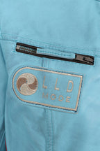 Women's Aqua Blue Leather Racing Jacket Red Stripes - FRANCIS