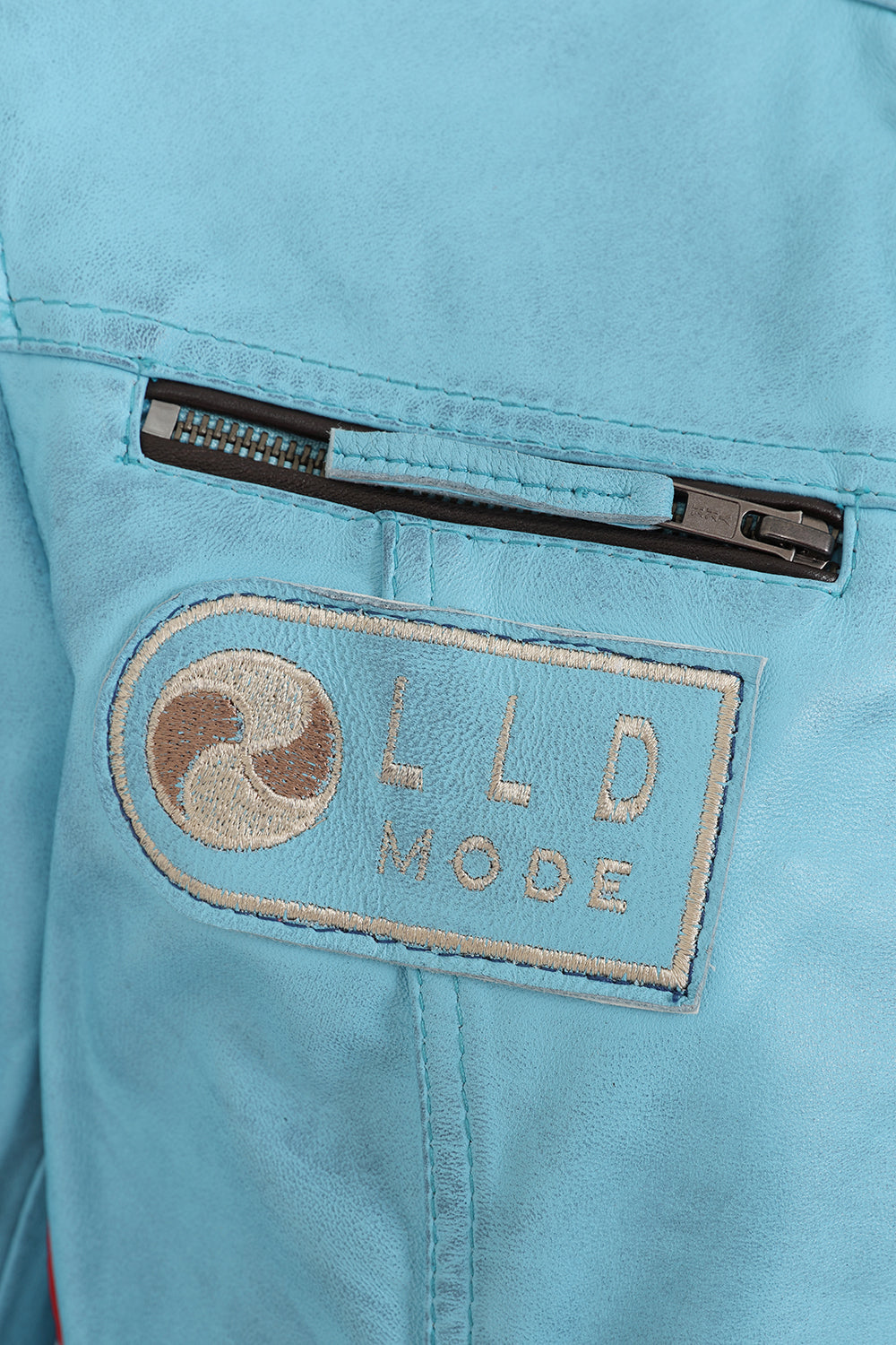Women's Aqua Blue Leather Racing Jacket Red Stripes - FRANCIS