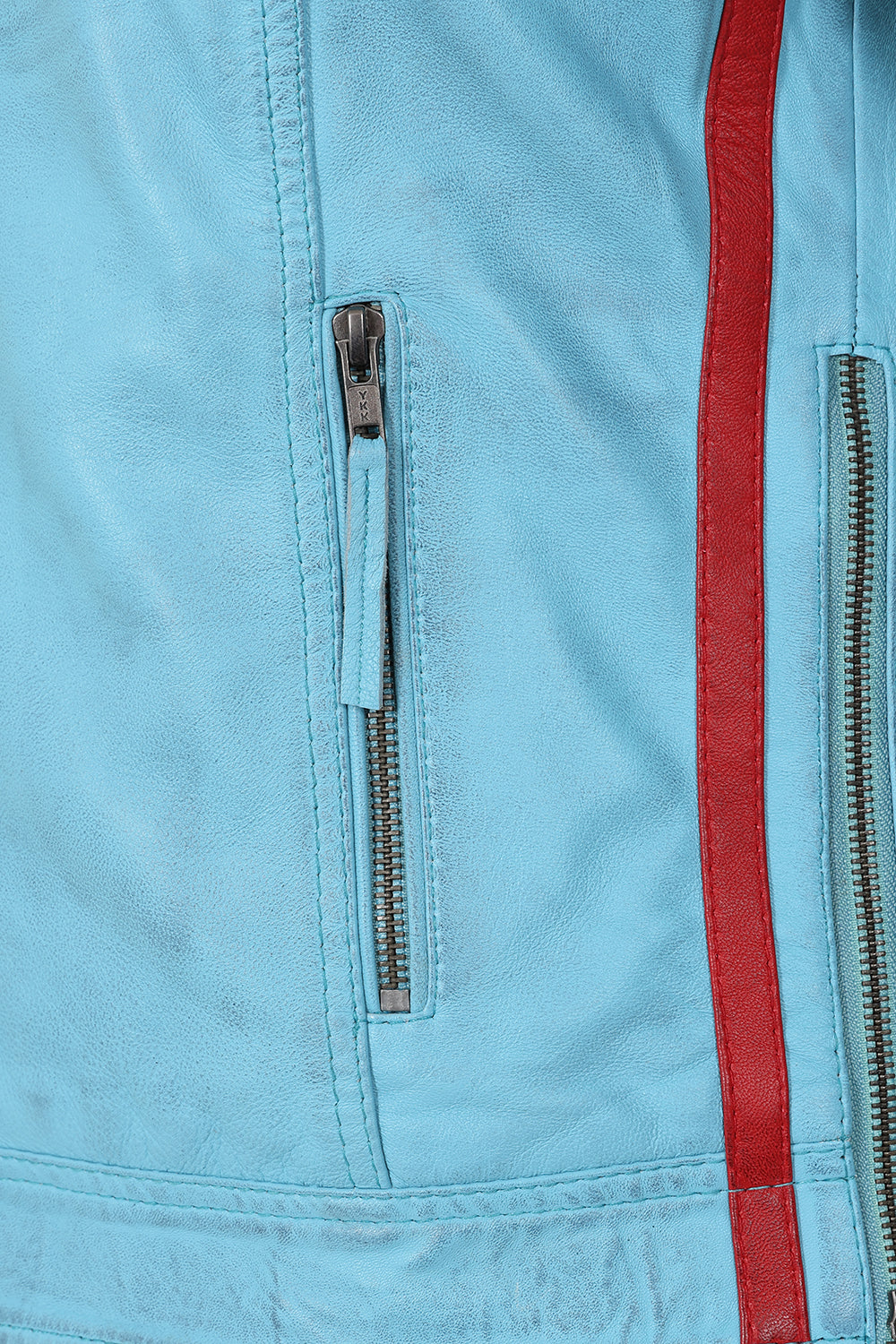 Women's Aqua Blue Leather Racing Jacket Red Stripes - FRANCIS