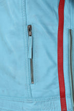 Women's Aqua Blue Leather Racing Jacket Red Stripes - FRANCIS