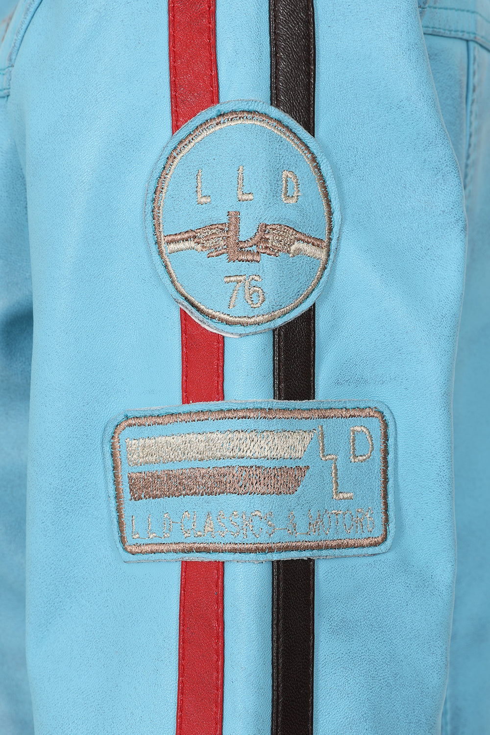 Women's Aqua Blue Leather Racing Jacket Red Stripes - FRANCIS