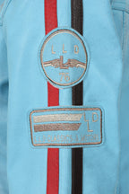 Women's Aqua Blue Leather Racing Jacket Red Stripes - FRANCIS