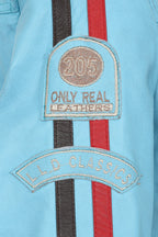Women's Aqua Blue Leather Racing Jacket Red Stripes - FRANCIS