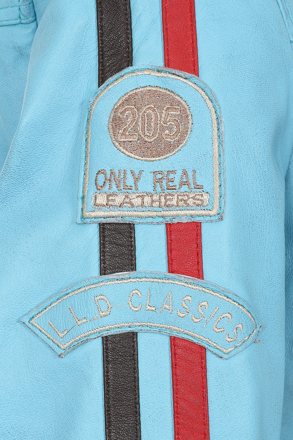 Women's Aqua Blue Leather Racing Jacket Red Stripes - FRANCIS