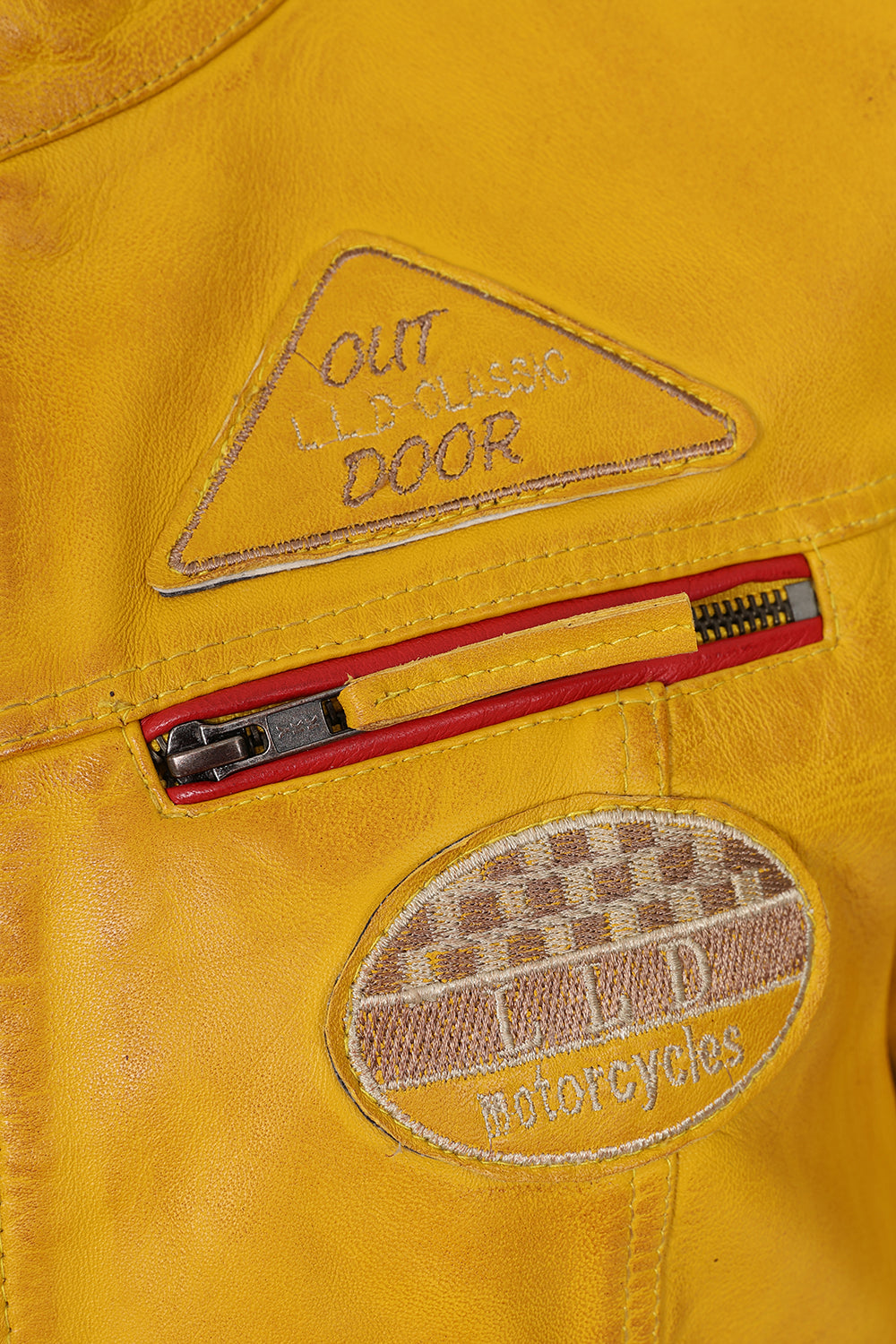 Women's Yellow Racing Style Leather Jacket with Red and White Stripes - FRANCIS