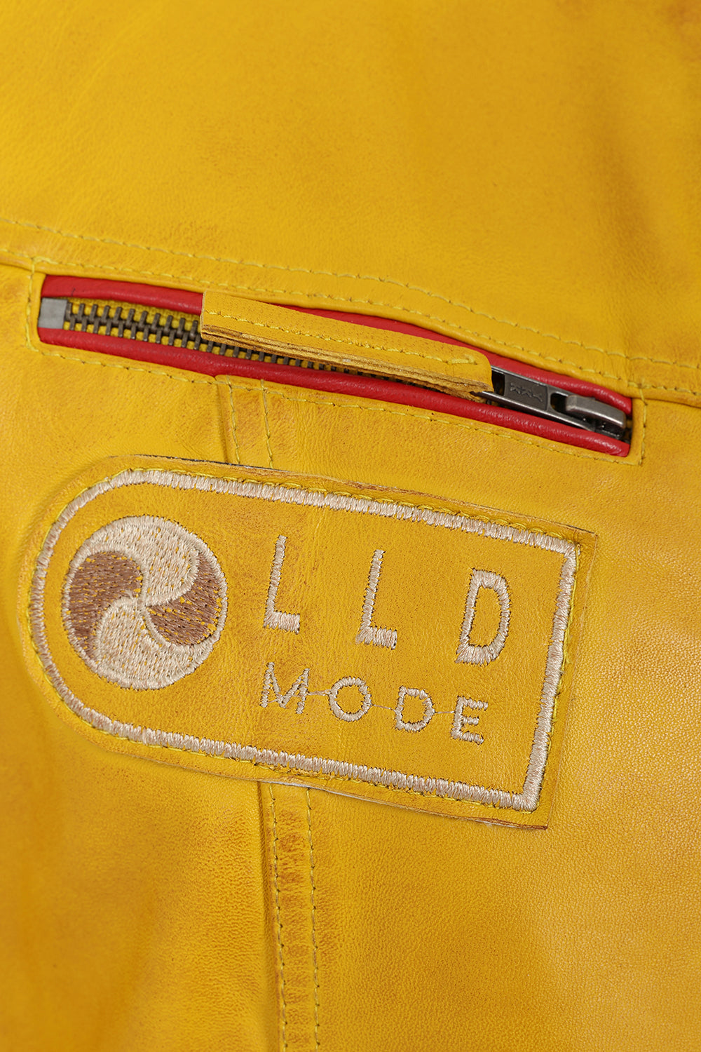 Women's Yellow Racing Style Leather Jacket with Red and White Stripes - FRANCIS