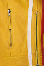 Women's Yellow Racing Style Leather Jacket with Red and White Stripes - FRANCIS