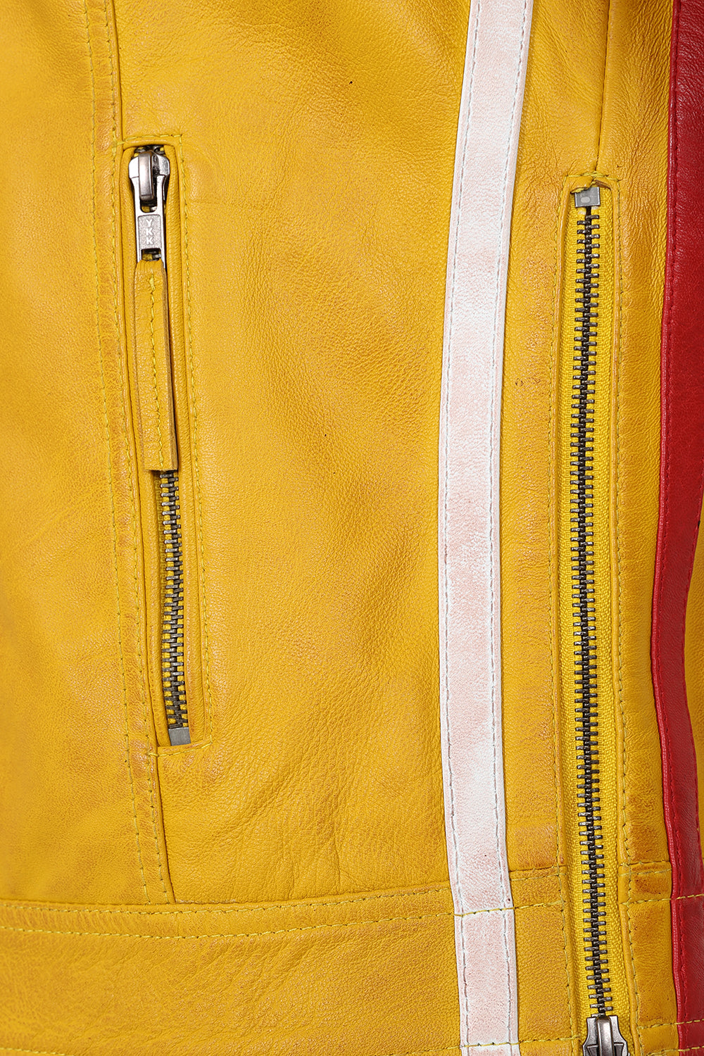 Women's Yellow Racing Style Leather Jacket with Red and White Stripes - FRANCIS