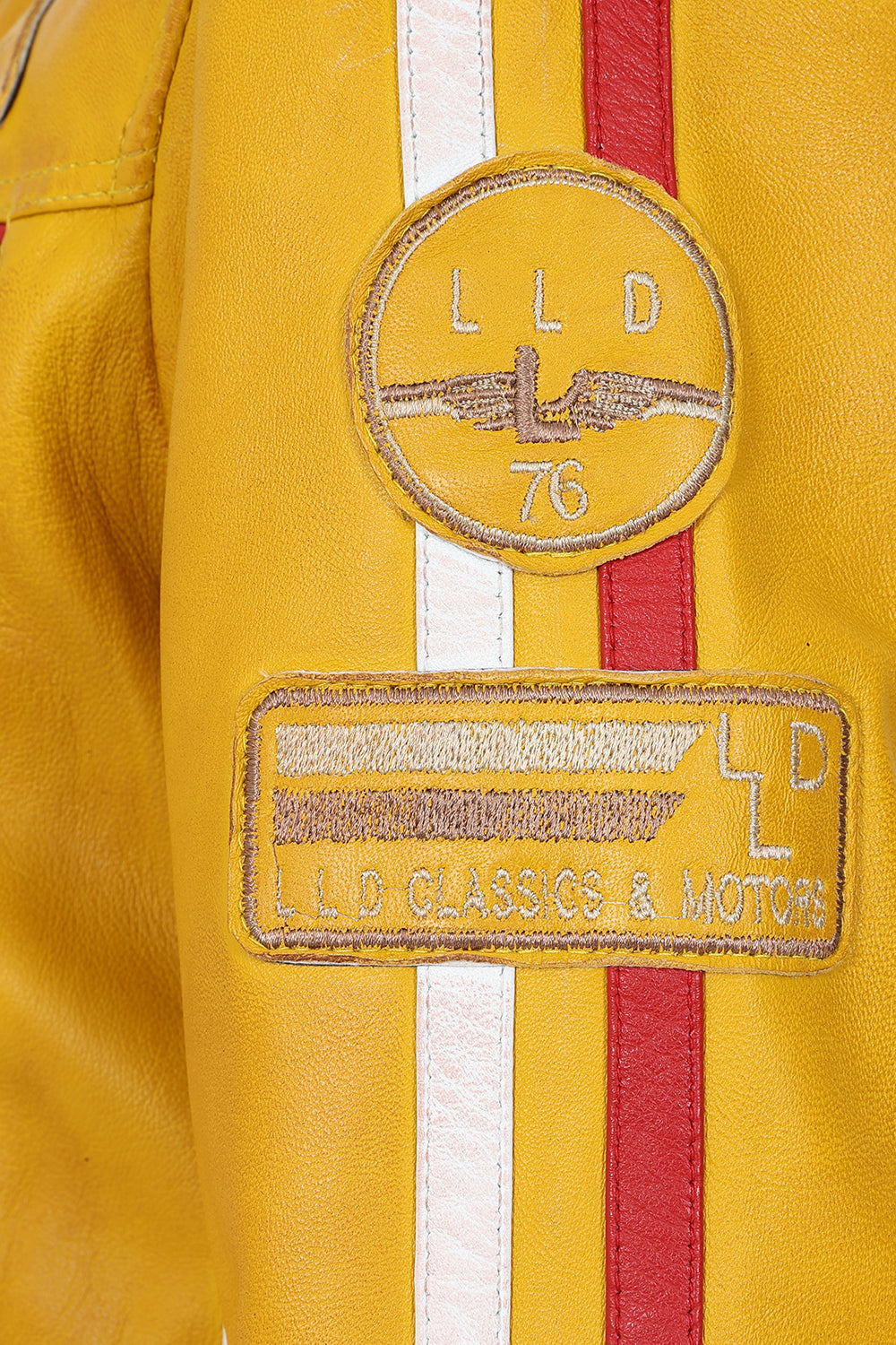 Women's Yellow Racing Style Leather Jacket with Red and White Stripes - FRANCIS