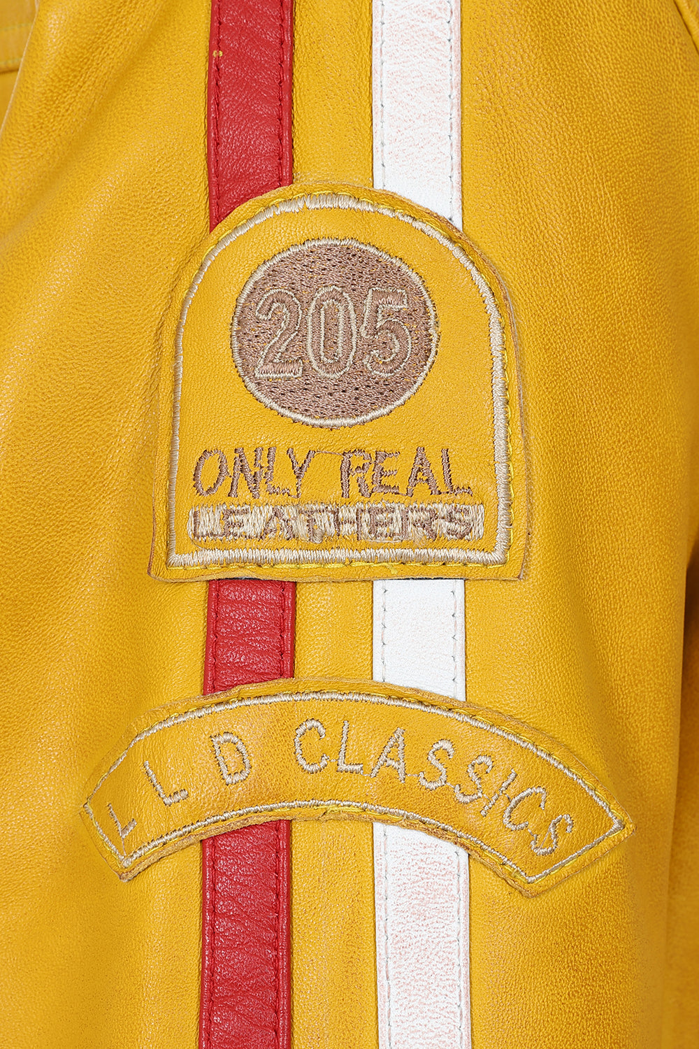 Women's Yellow Racing Style Leather Jacket with Red and White Stripes - FRANCIS