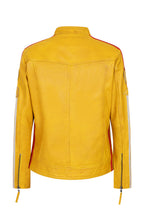 Women's Yellow Racing Style Leather Jacket with Red and White Stripes - FRANCIS