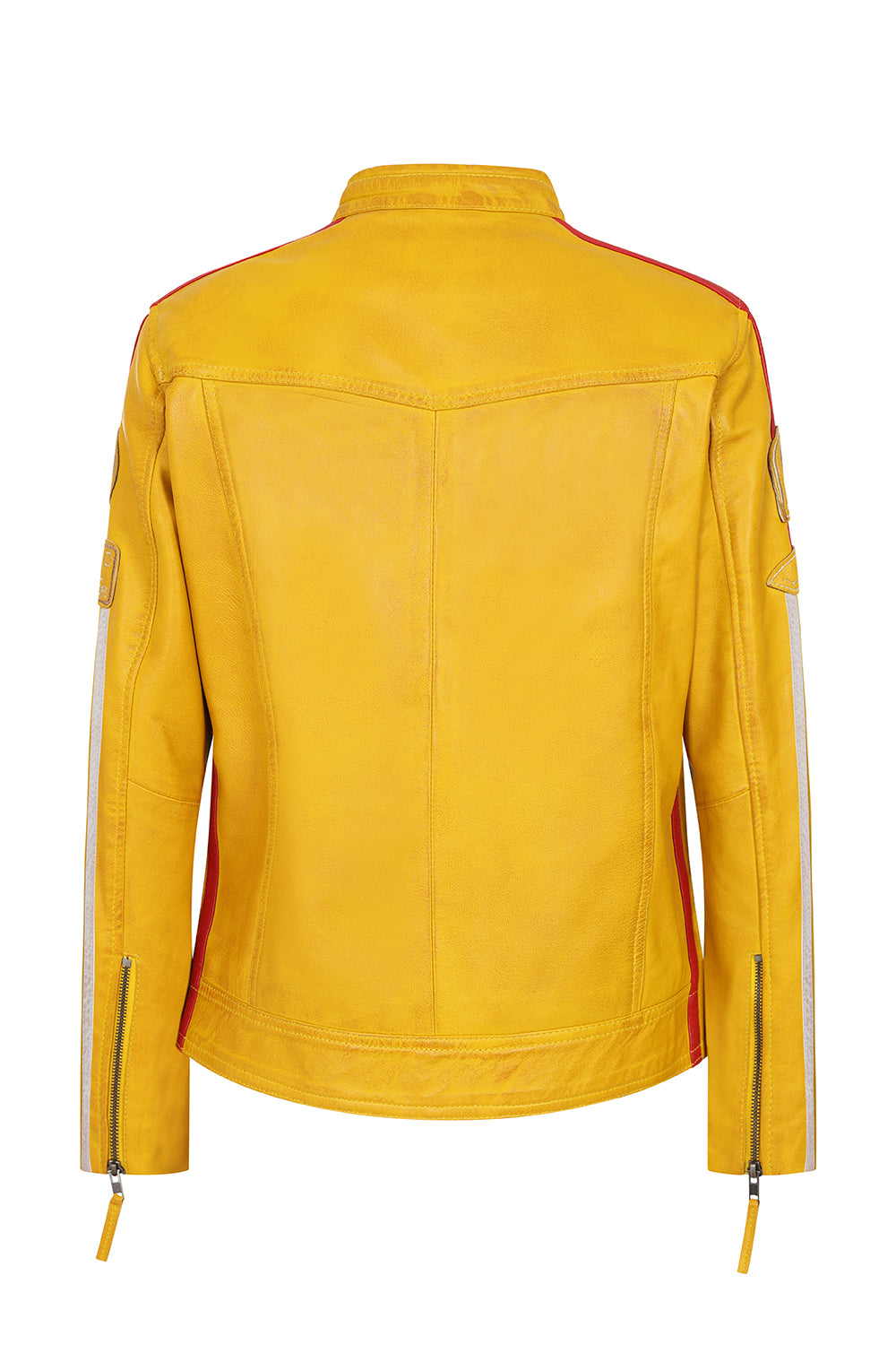 Women's Yellow Racing Style Leather Jacket with Red and White Stripes - FRANCIS
