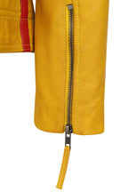 Women's Yellow Racing Style Leather Jacket with Red and White Stripes - FRANCIS