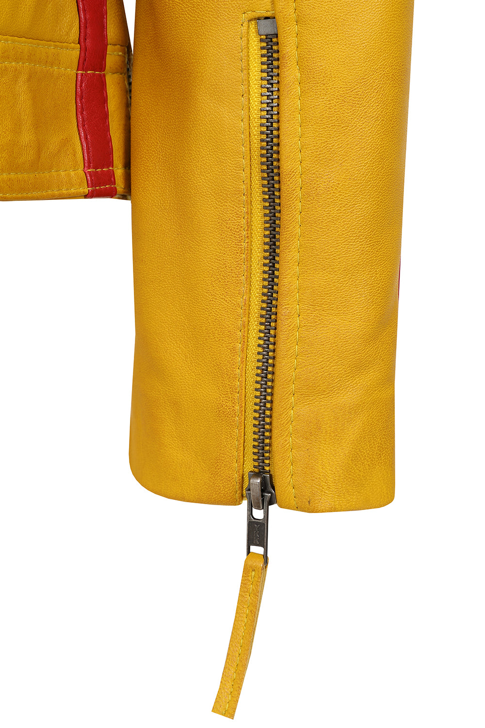 Women's Yellow Racing Style Leather Jacket with Red and White Stripes - FRANCIS