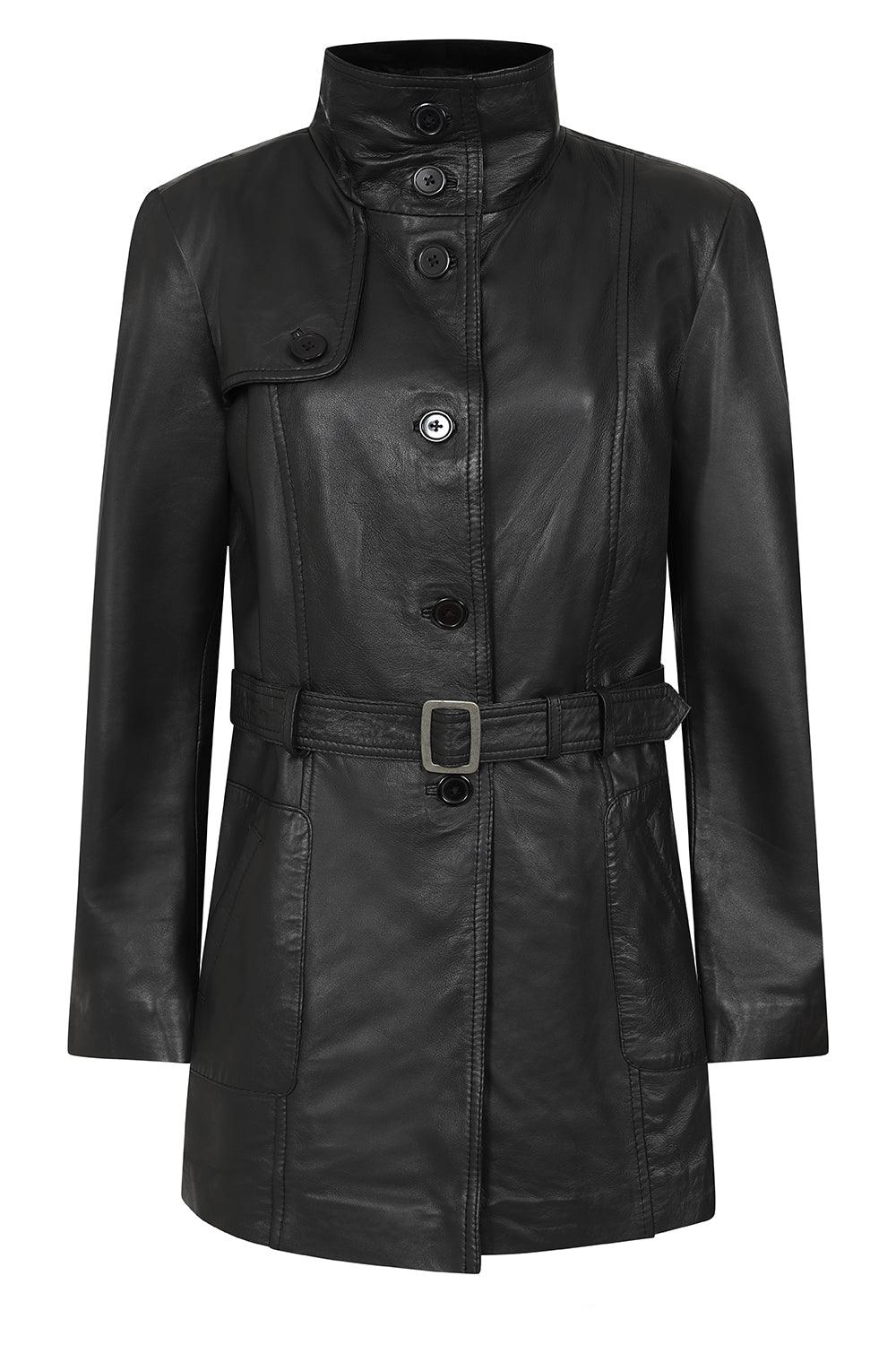 TINA Women's 3/4 Classic Genuine Nappa Leather Coat - Black
