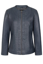 DEBORAH NC Classic Navy Blue Nappa Leather Jacket Women No Collar