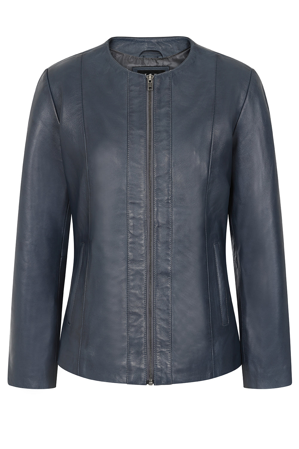 DEBORAH NC Classic Navy Blue Nappa Leather Jacket Women No Collar