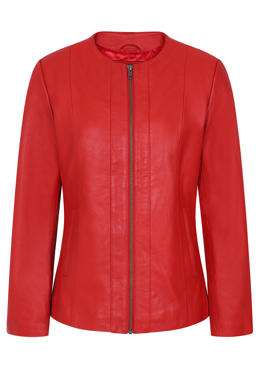 DEBORAH NC Classic Red Nappa Leather Jacket No Collar Women's