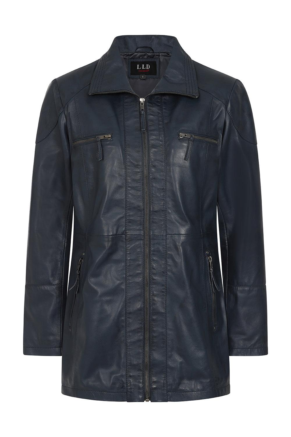 ALEXA Women's Navy Blue Lamb Nappa Leather Jacket Hip Length