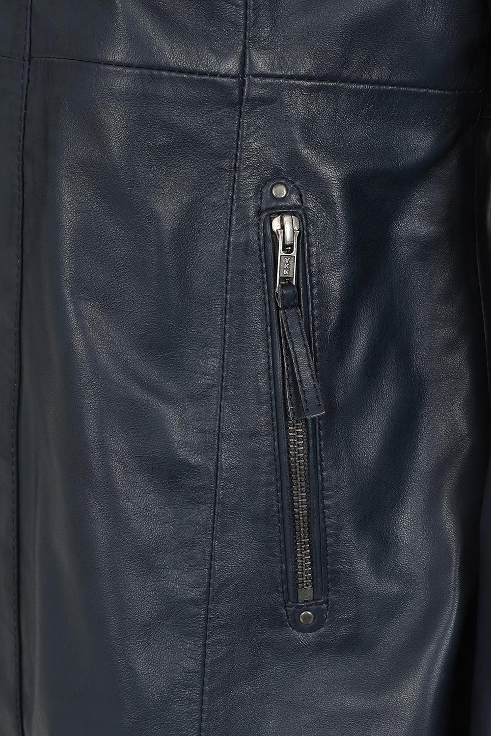 ALEXA Women's Navy Blue Lamb Nappa Leather Jacket Hip Length