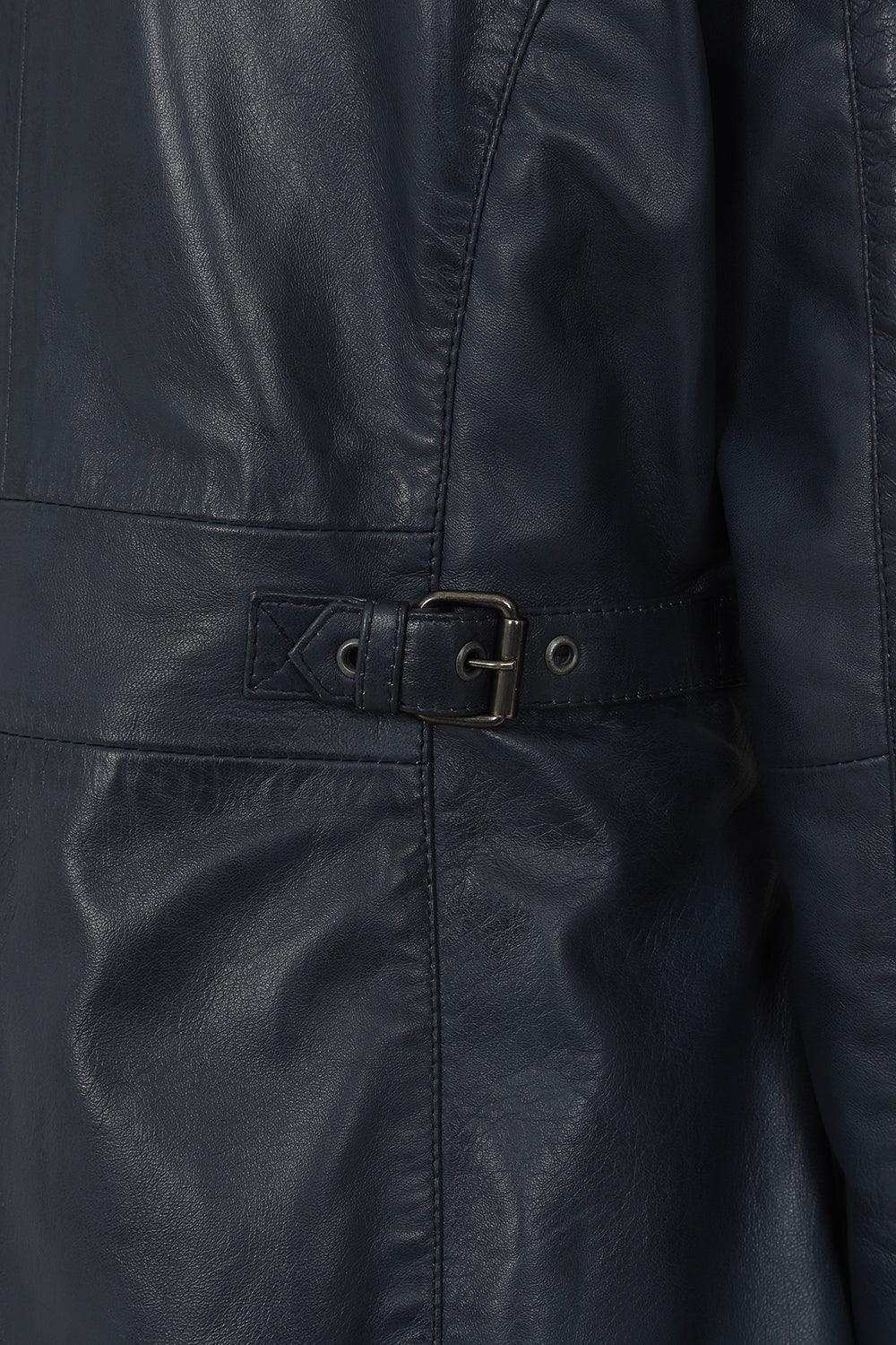 ALEXA Women's Navy Blue Lamb Nappa Leather Jacket Hip Length