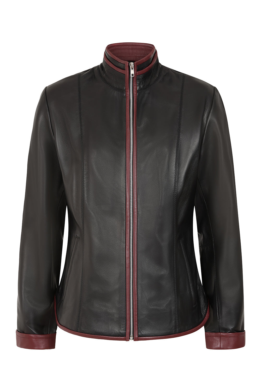 Millie Black Napa Leather Jacket - Burgundy Contrast Women's